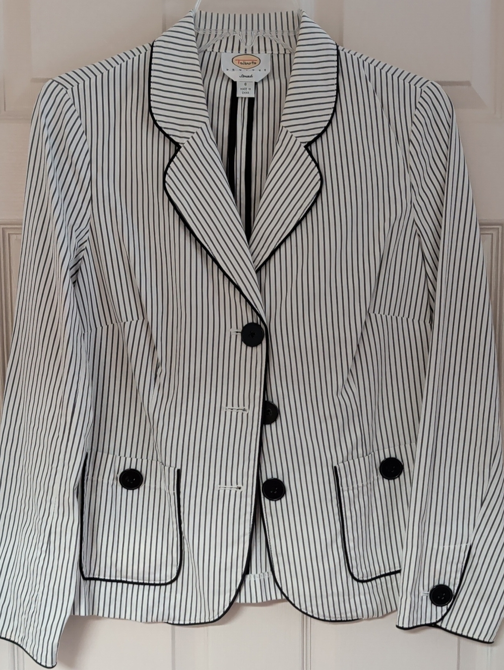 Talbots White Blazer with Black Pinstripes and Piping